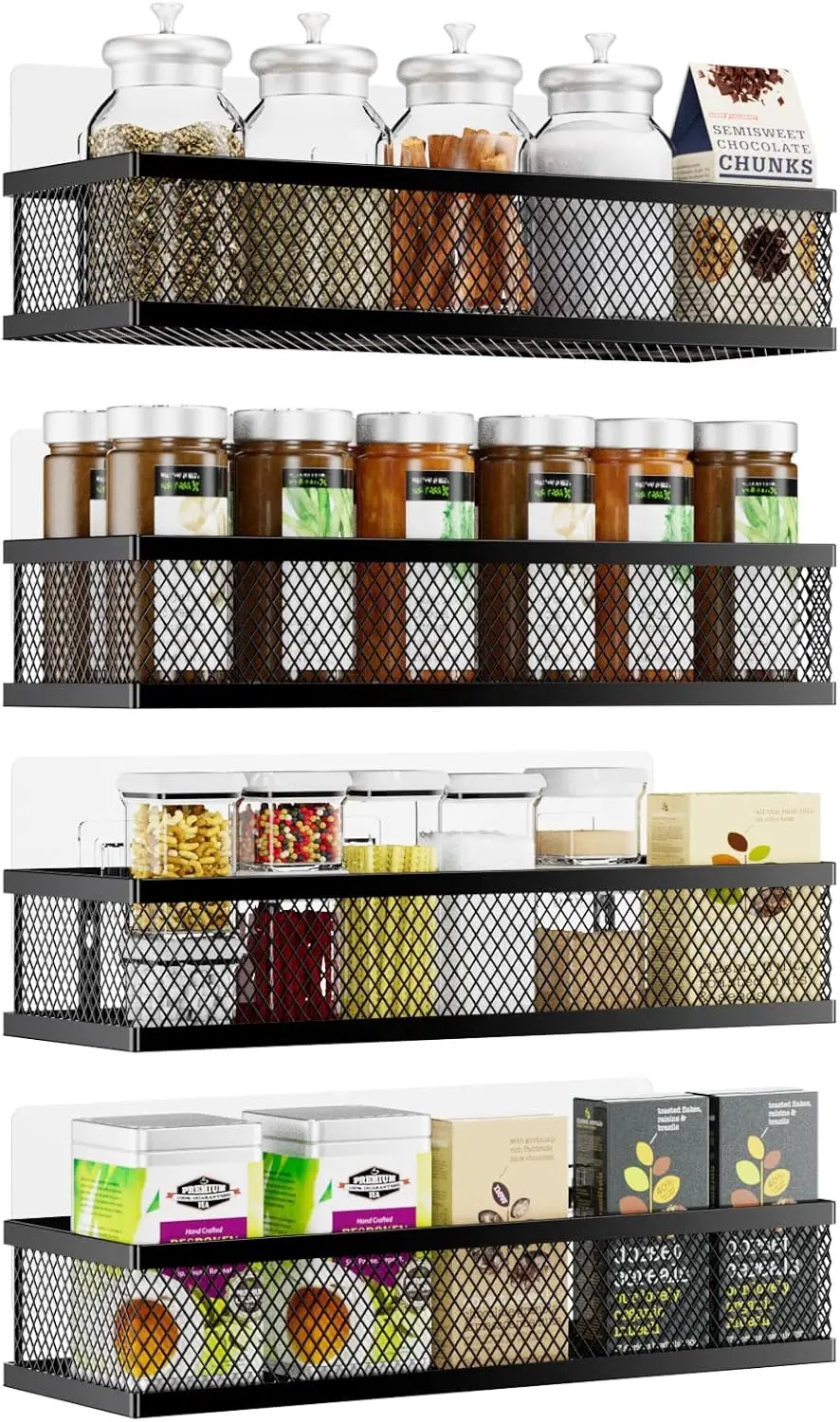 

4-Pack Wall Mount Spice Rack, Large Capacity Metal Organizer for Kitchen, Pantry, Bathroom