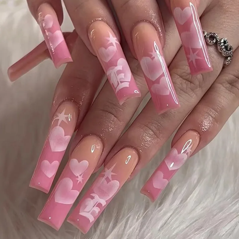 Extra-long Water Pipe-shaped Fake Nail Art Wearable Pink Heart-shaped False Nails Set ABS Plastic Removable Press on Nails 24Pcs