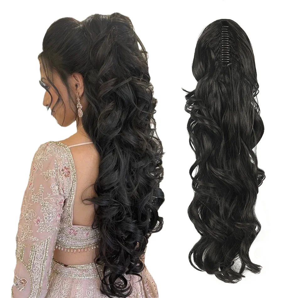 

24inch Long Curly Wavy Ponytail Hair Extensions Synthetic Claw Clip in Ponytail Hair Extensions for Women Black Hairpieces