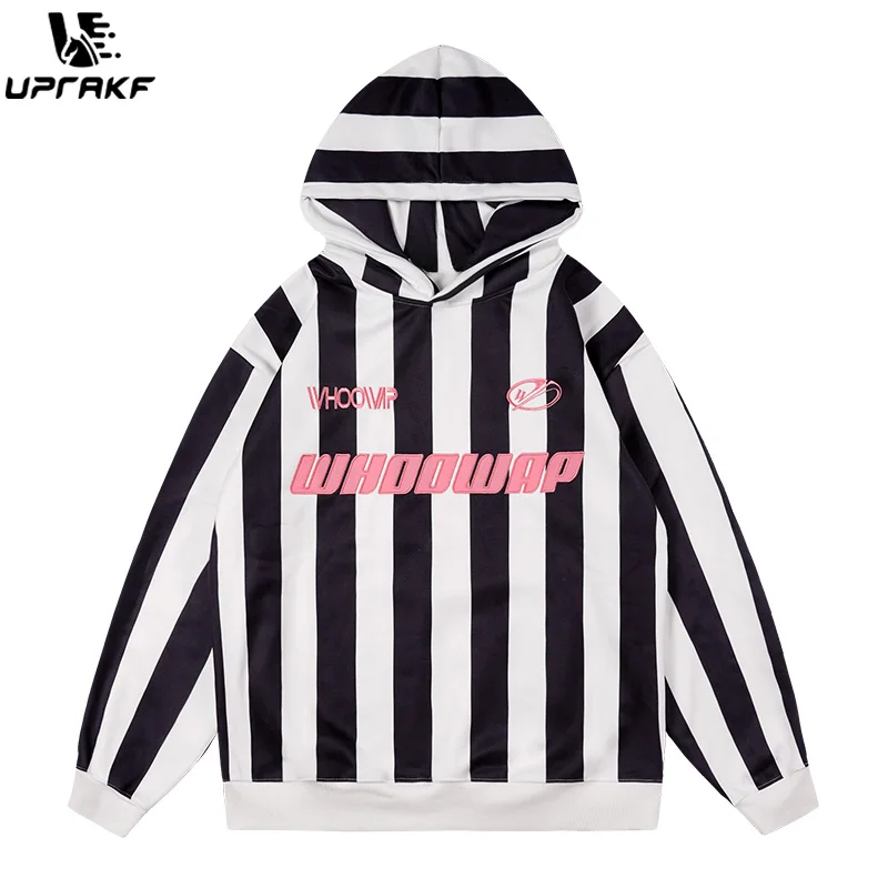 

UPRAKF Stripe Letter Print Hoodie Loose Long Sleeve Autumn Fashion Pullover Casual Tops Streetwear Harajuku