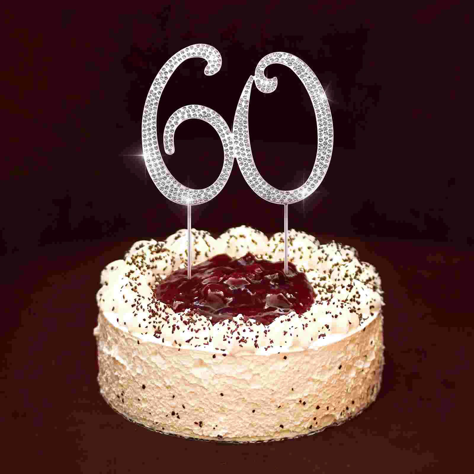 STOBOK 60 Topper per torta per la festa del 60° compleanno Strass di cristallo Topper per torta decorativo Forniture per feste di compleanno (Argento)