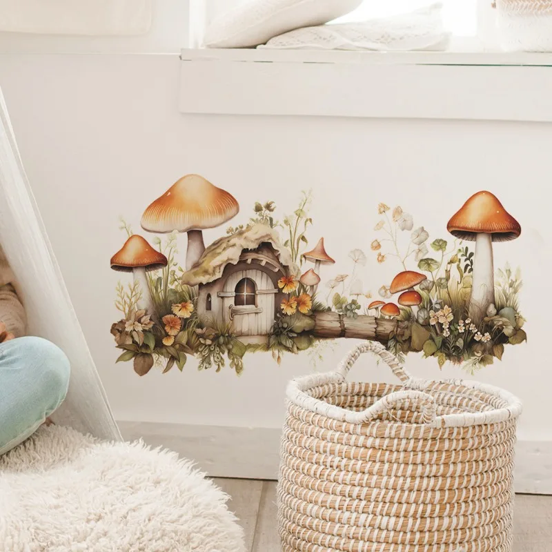 1pcs Painted Mushroom House Flowers Bedroom Living Room Home Decoration Beautifying Wall Paste Self-Adhesive