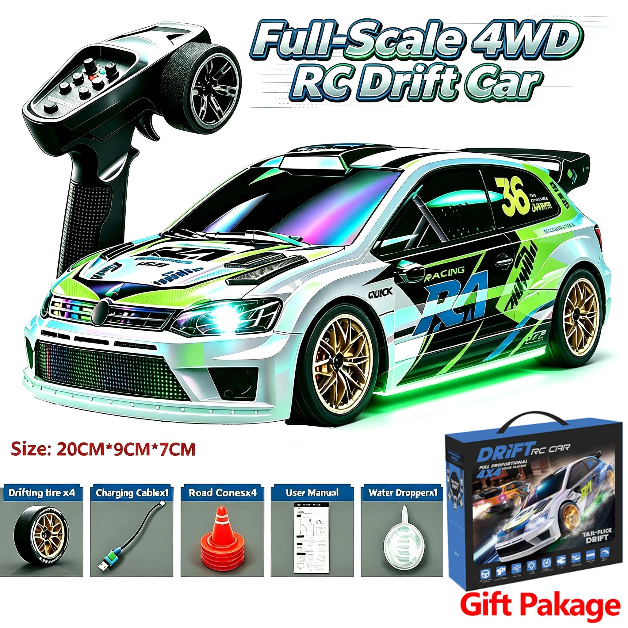 1:16 Full Scale RC Drift Car 2.4G 4WD with LED Lights High Speed and 2 Speed Modes Rechargeable Racing Toys Gift for Kids Adults