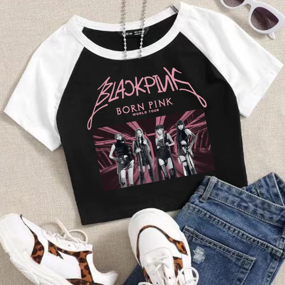 Hot Kpop geboren rosa Frau Ernte T-Shirt Mädchen Mode O-Ausschnitt Kurzarm Hemden Musikfans Geschenk