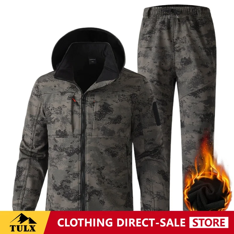 Men Camouflage Fleece Thermal Jacket Workwear Wear-resistant Scratch-resistant Clothing Comfortable Slight Stretch Softshell Set