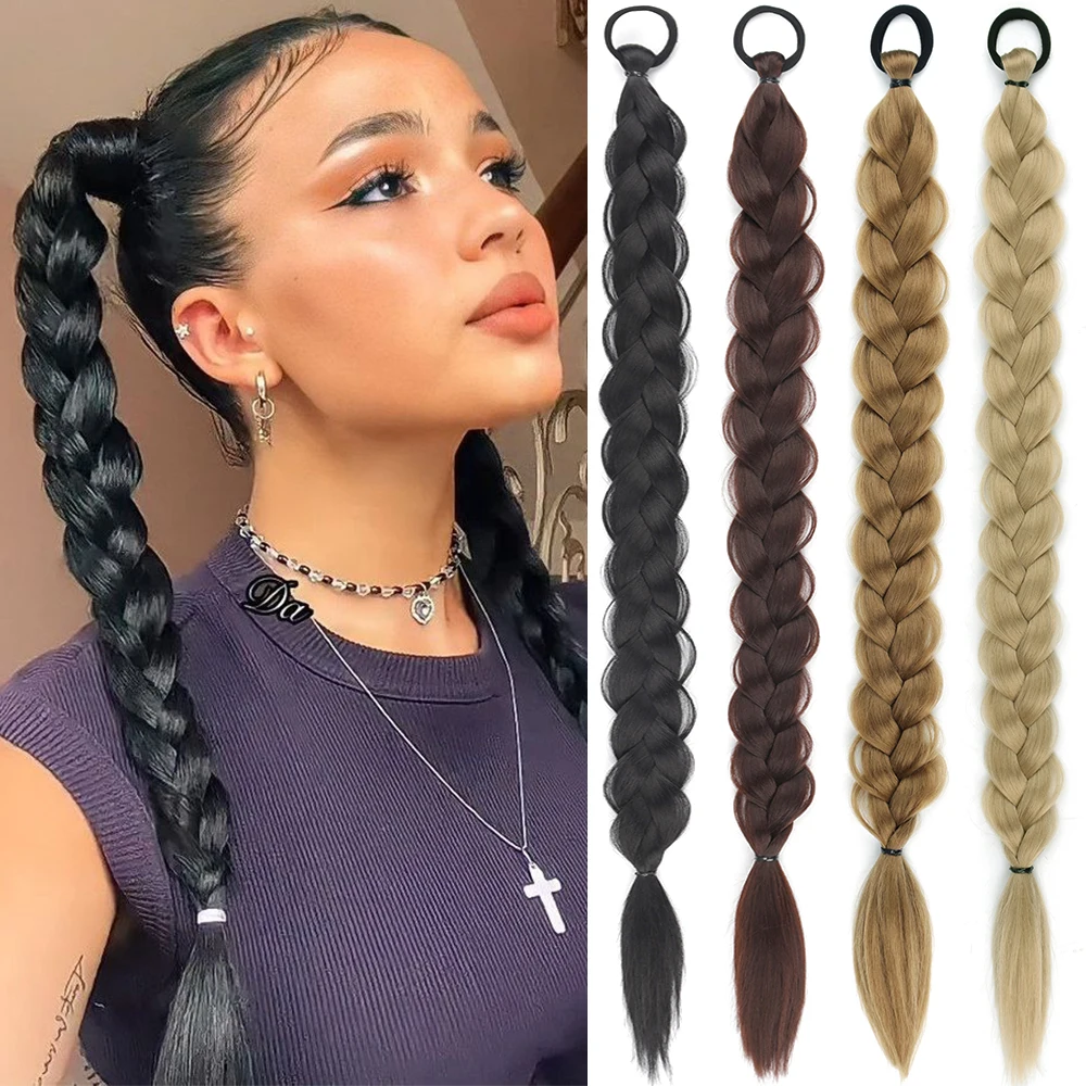 

24 Inch Synthetic Braided Ponytail Extensions With Rubber Band Wrap Around Ponytail Extensions For Women Girls Hair Accessories