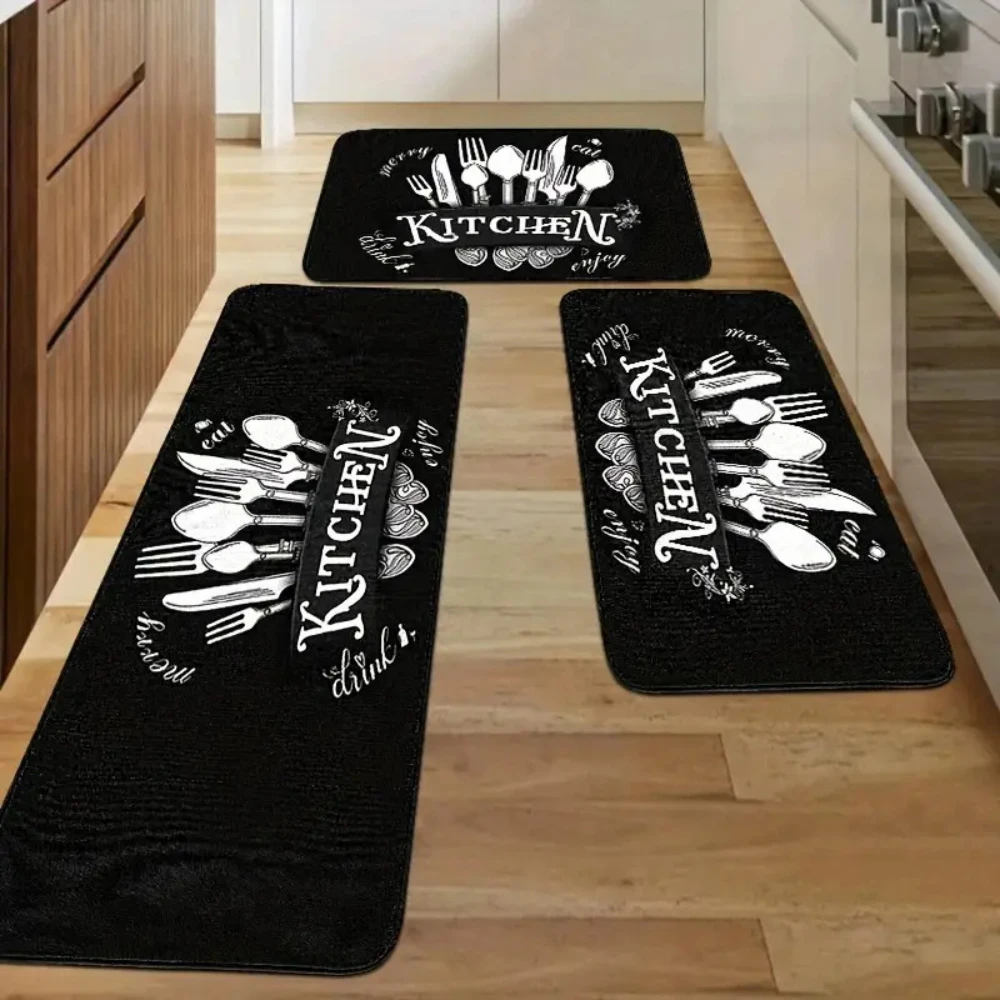 American Retro Kitchen Mat Set Vintage Wood Grain Knife Fork KITCHEN Print Non‑Slip Rubber Back Rugs  for Home Kitchen Decor