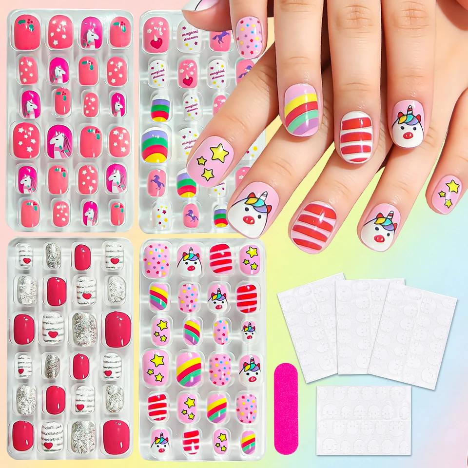8 cajas (192 piezas) de uñas postizas infantiles con arcoíris, caballos, estrellas y flores, cortas y cuadradas, para niñas 2