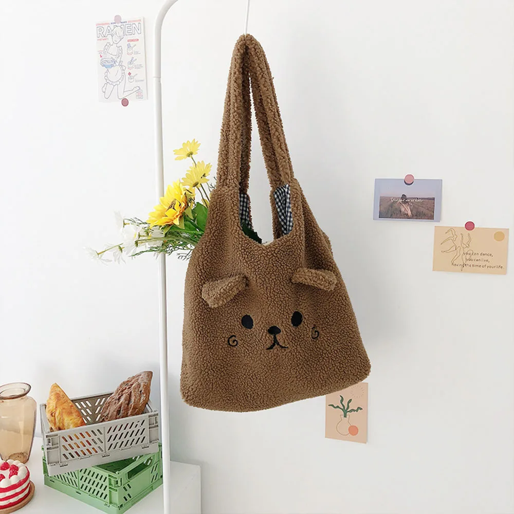 

Women 2Color Soft Embroidery Cute Plush Tote Bag Imitation Lamb Hair Shoulder Bag Shopper Bag