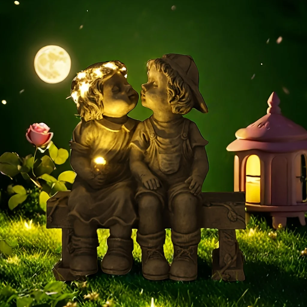 Garden Statues Outdoor Decor, Outdoor Solar Powered Boy and Girl Sitting on Benches Statue Lights, Resin Garden Statue Little Girl and Boy Kissing Figurine, for Garden Lawn balcony Home Decoration