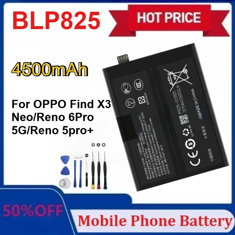 

Модернизированный аккумулятор BLP825 4500 мАч для OPPO FIND X3 NEO Сменные аккумуляторы для Reno 6Pro 5G/Reno 5pro+ с инструментами