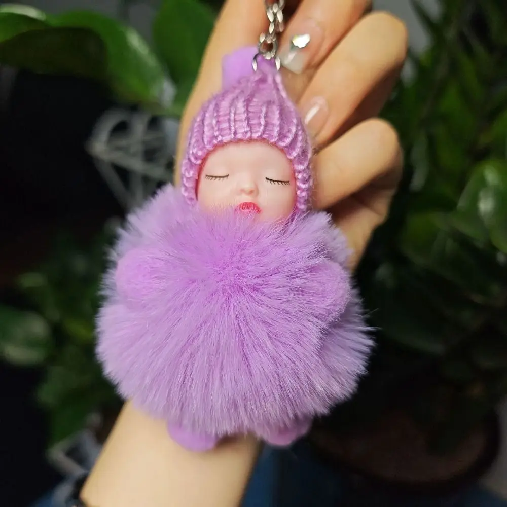 Knitted Hat Pompom Sleeping Baby Keychain Lovely Cute Sleeping Baby Key Chain Fluffy Soft Sleep Baby Pompom Keyring Girls Gift