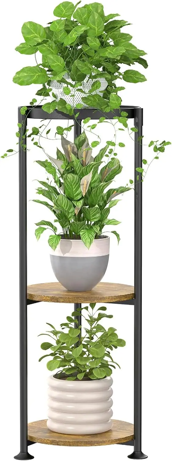 

3-Tier Corner Plant Stand, 34 Inch Tall Metal Flower Pot Holder Shelf for Indoor Outdoor Use in Modern Black & Rustic Brown