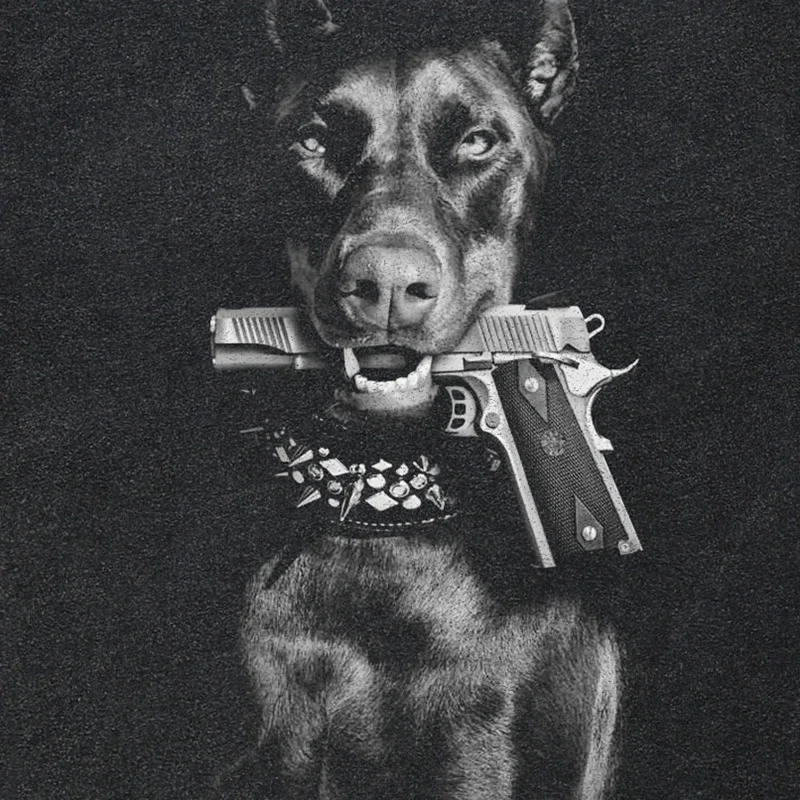 Hip Hop Vintage Washed Black T-Shirt Streetwear Doberman Dog Gun Graphic T Shirt Cotton Unisex Tshirt Men Tops Tee Hipster