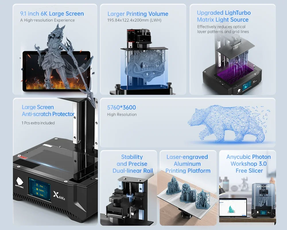 Imagem -03 - Anycubic-impressora 3d Photon Mono x 6k 9.1 Polegada Lcd Sla Alta Velocidade Resina uv Tamanho de Impressão 200x196x122 mm Oficial