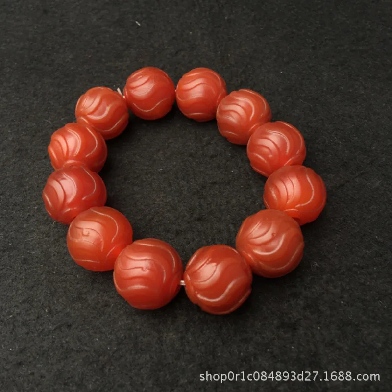 High Ancient round with Carved Old Red Frosted Agate Melon Edge Beads Bracelet