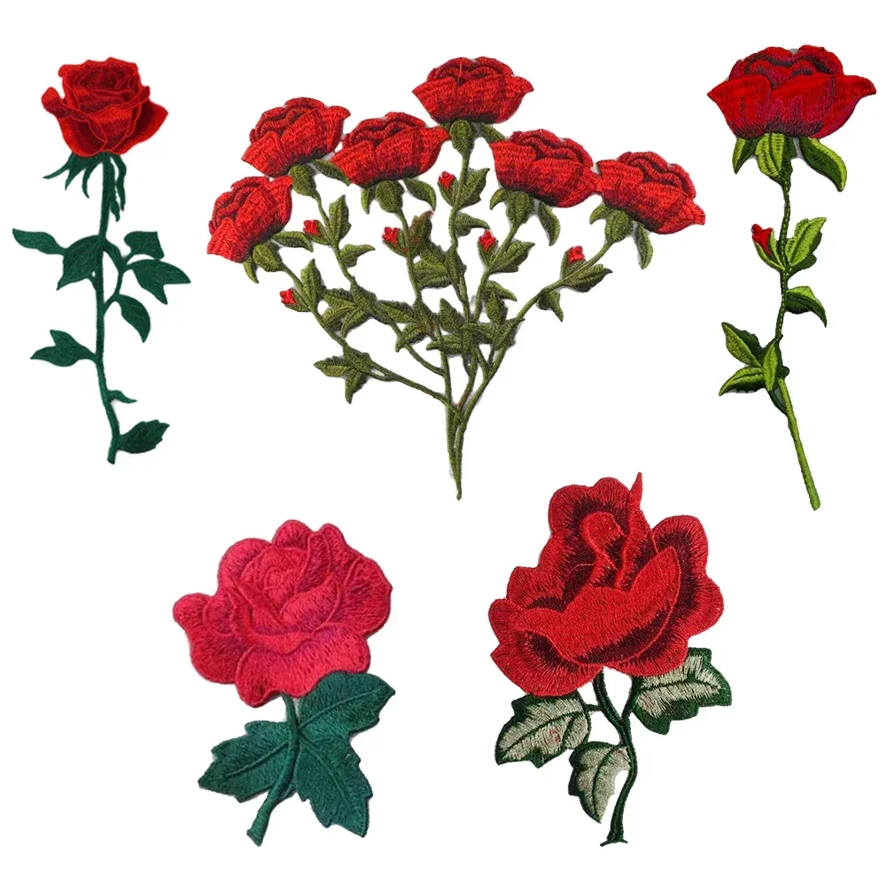 Red Rose Flower Patch Sew on Cloth Badge Embroidered Floral Applique Decorative Patches Scrapbooking Embroidery sewing Patches