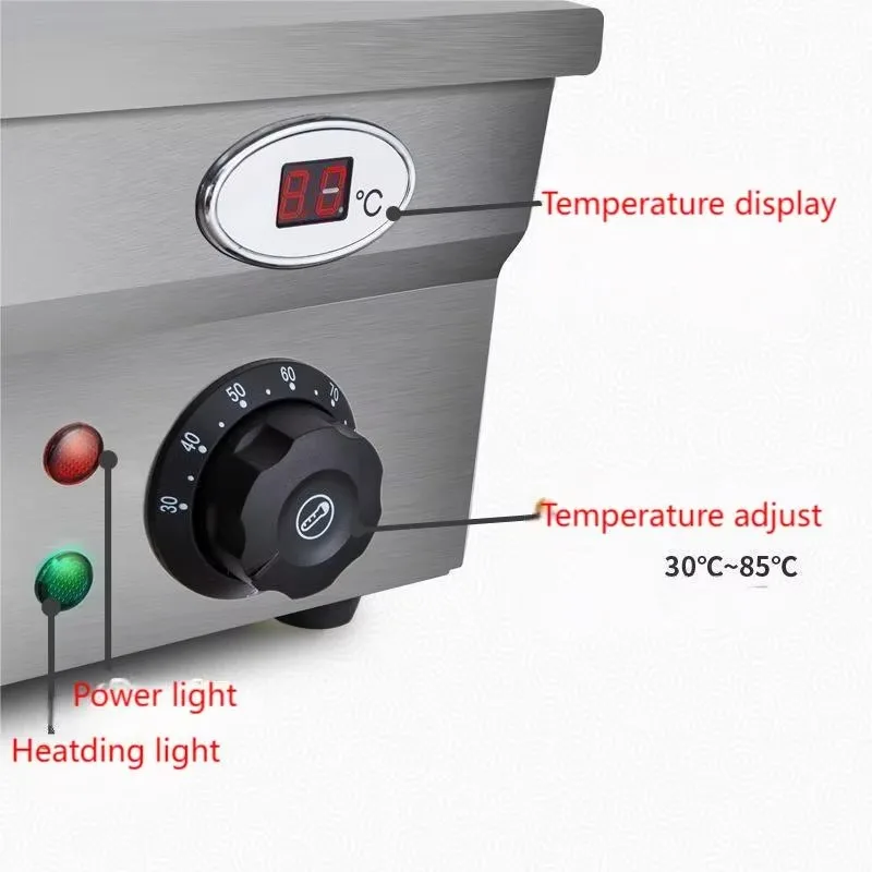 Roestvrij staal Hoge kwaliteit voedselverwarming Bain Marie glazen elektrische voedselverwarmer vitrinekast