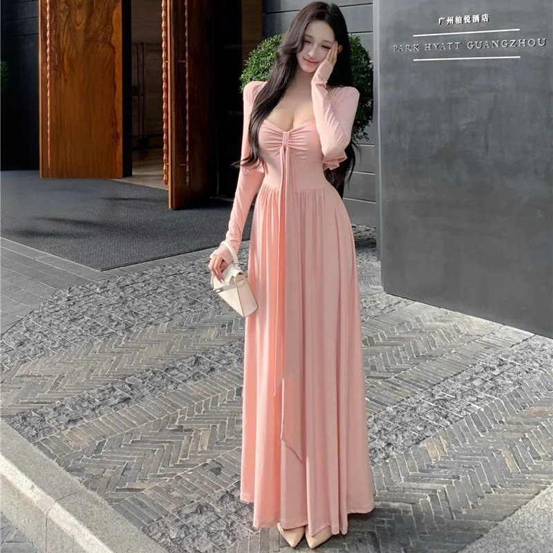 Damen Weicher Strick-Cardigan + Langes Kleid Zweiteiler Elegantes Rosa Gerafftes Sexy Schlankes Neckholder-Kleid Damen Date-Kleid – Detail 10