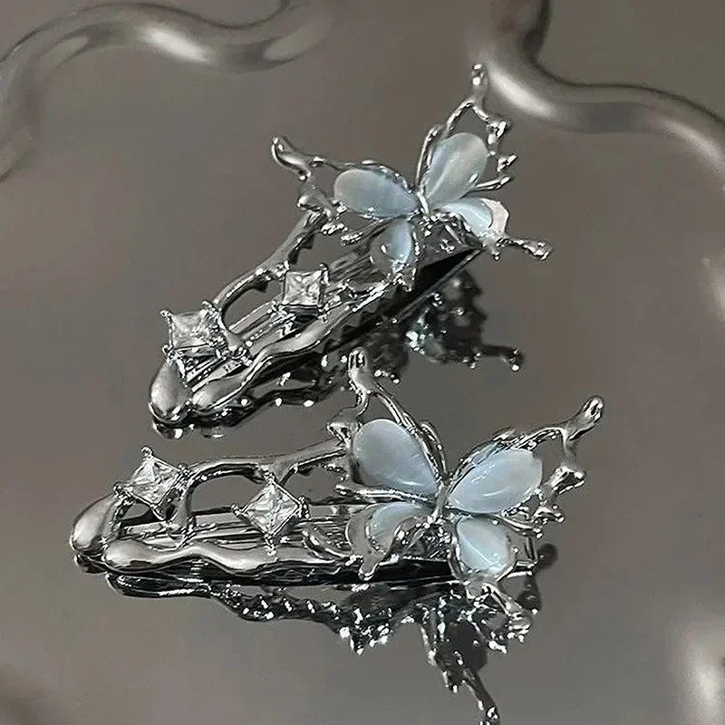 Y2k clipe de borboleta irregular, grampo de cabelo de metal líquido, grampos de cabelo de zircônia para mulheres, acessórios de cabelo, clipe de cabelo de metal lateral