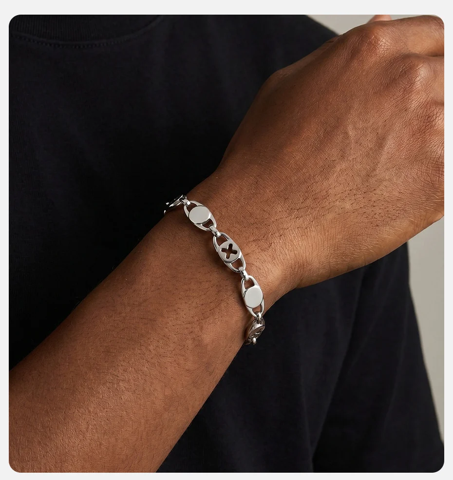 Vnox Edelstahl Kreuz-Oval-Gliederarmband, verstellbar, silberfarben, minimalistischer Armreif, Schmuckgeschenk für Herren, für den Alltag und Partys – Detail 2