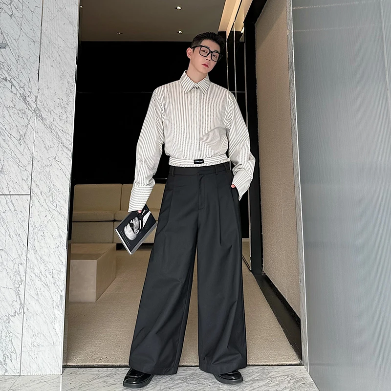 

Spring Season Men's Short Striped Shirt Wide Leg Pants Fashion Set High Intelligence Quotient Whole Ensemble Long Sleeve