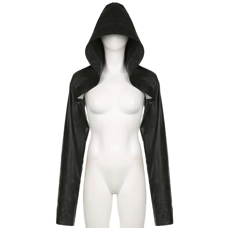 ALLNeon Y2K Rave Faux Pu deri kapşonlu kırpılmış ceketler Baddie Punk uzun kollu Hoodies kısa ceket kadınlar sıcak sokak dış giyim Tops