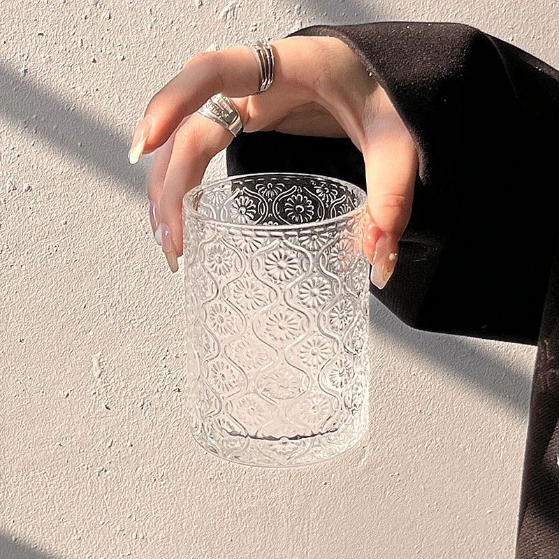 250/360ml Begonia Pattern Texture Creative Cocktail Transparent Glasses Drinking Drinkware Wine Goblet Juice Ice Coffee Cold Cup