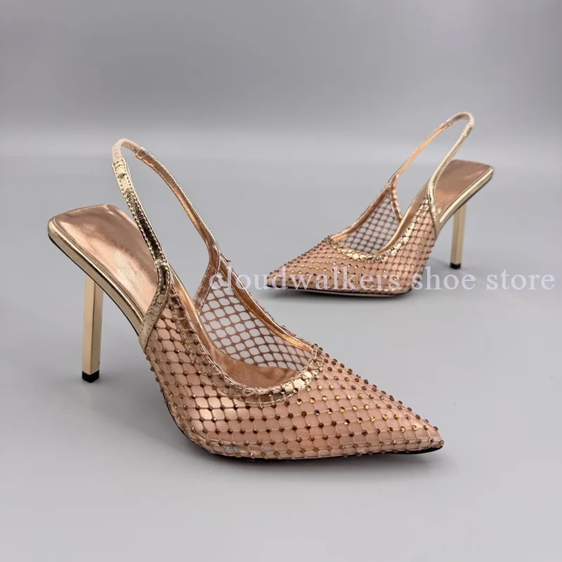 

Champagne French Mesh Luxurious Hot-Fix Rhinestone Design Sandals Sexy Wrapped Point Toe Metal Stiletto Sandals Free Ship Sandal