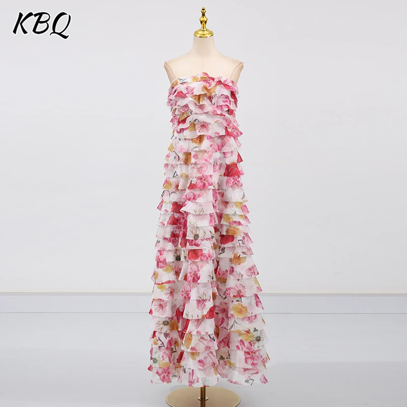

KBQ French Sweet Slimming Folds Backless Long Dresses for Women Strapless Sleeveless High Waist Temperament Dress Female Style
