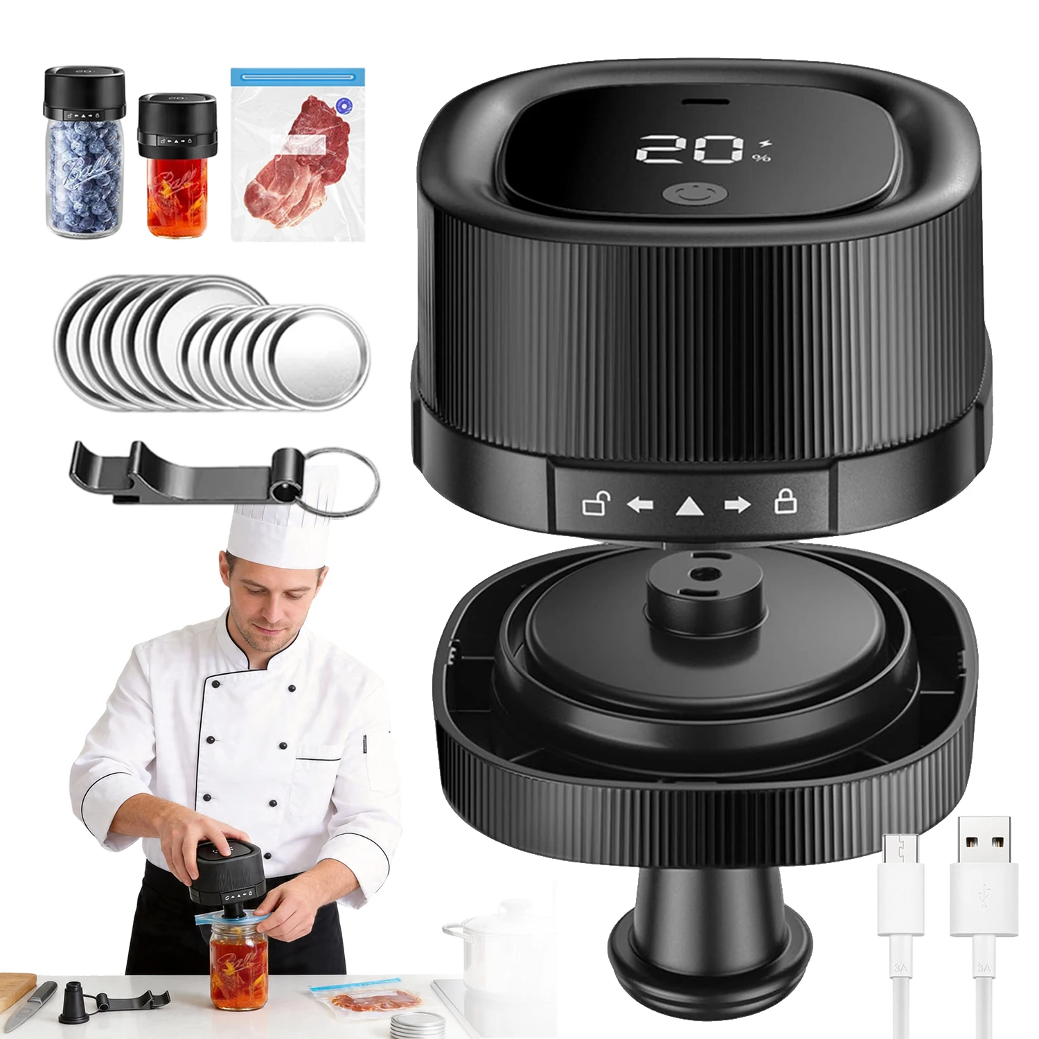 Sellador al Vacío para Frascos Mason con Apagado Automático para Granos, Nueces, Especias y Frutas, Conservador de Alimentos Inalámbrico con Pantalla LED y 50 Minutos de Autonomía, Compatible con Frascos de Boca Regular y Ancha, Incluye Bolsas para Vacío