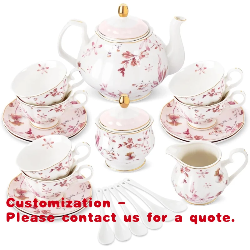 

custom.21-Piece Ceramic British Porcelain Tea Set Gold Trim Red Autumn Leaves Floral Design Vintage Women's Tea Par