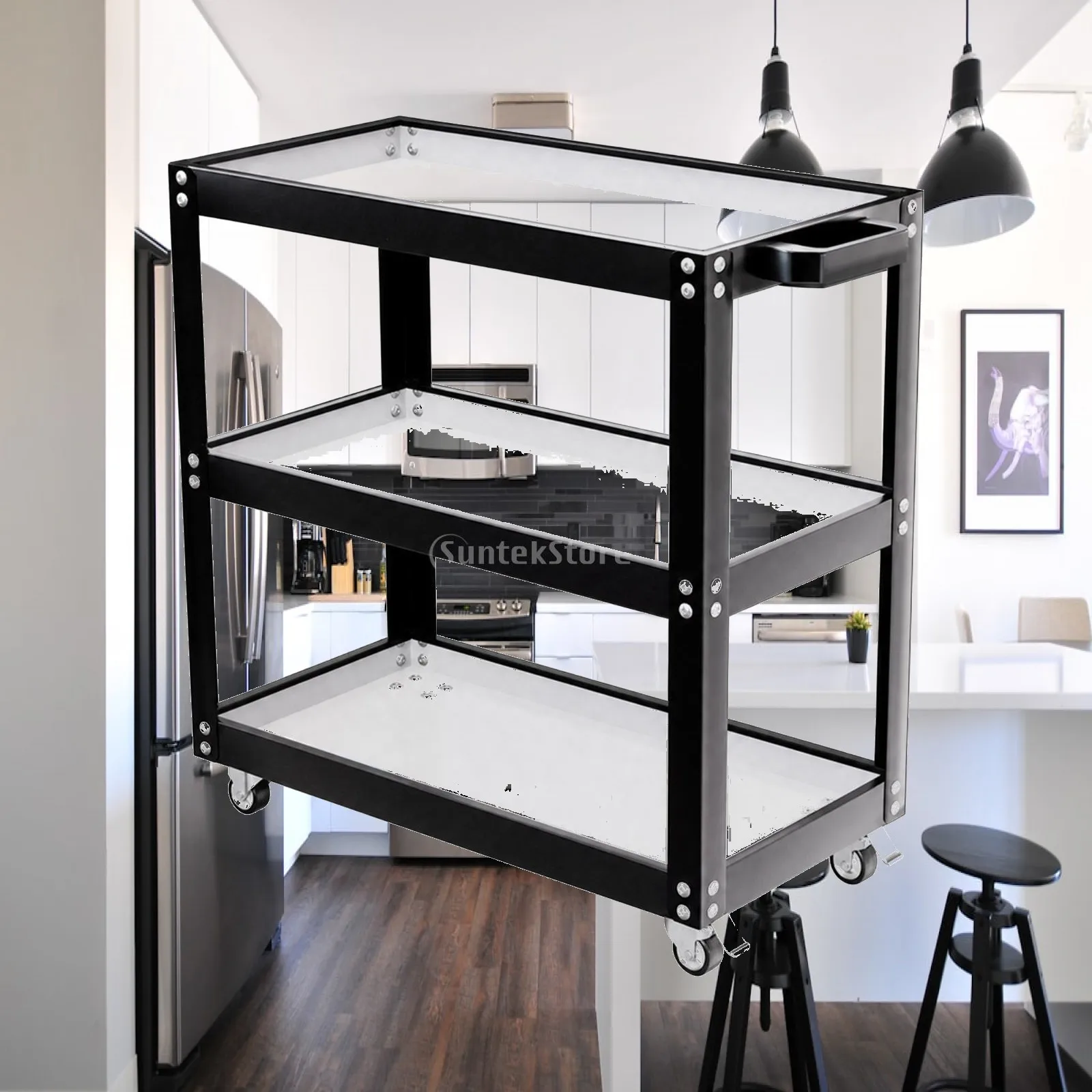 Space Saving Three Tier Metal Cart on Wheels for Living Room Bedroom Pantry Organized Storage Solution