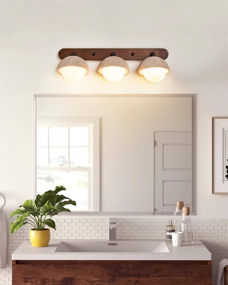 Dark Wood Base LED Wall Lamp Real Stone Vintage Sconce
