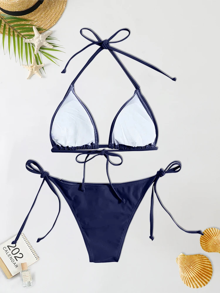 2Pcs Swimwear Thong Bikini Set Sexy New Navy Blue Swimsuits Woman Sexy Bathing Suits Bikinis Triangle Bandage Female Beachwear