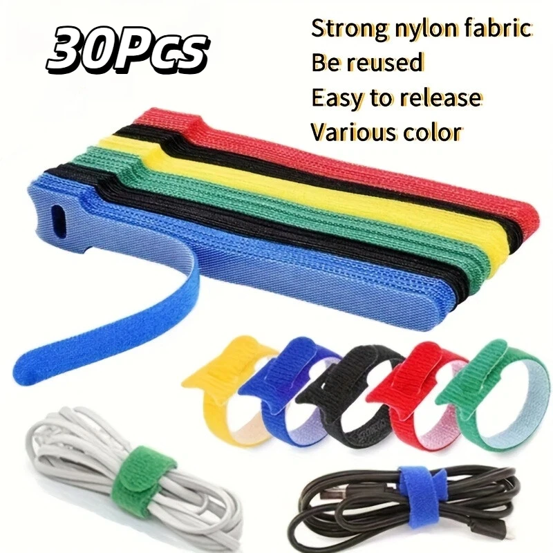 30Pcs Multicolor Reusable Velcro Cable Ties Nylon Self-Gripping Wire Management Straps Cord Organizer