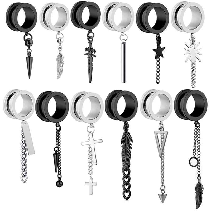 

Black and Silver Screw ear tunnels wholesales 6-20mm 80pcs body piercing ear gauges plugs dangle plugs for men women