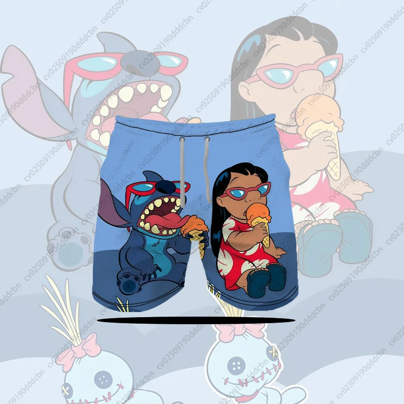 

Disney Lilo & Stitch Fun Print Мужские летние купальники для спортзала Пляжные шорты Модные свободные шорты Мужские дышащие спортивные шорты