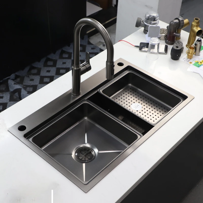 Handmade Nano Black Gun Gray Kitchen Sink Single Bowl Thickened 304 Stainless Steel with Embossed Drainage