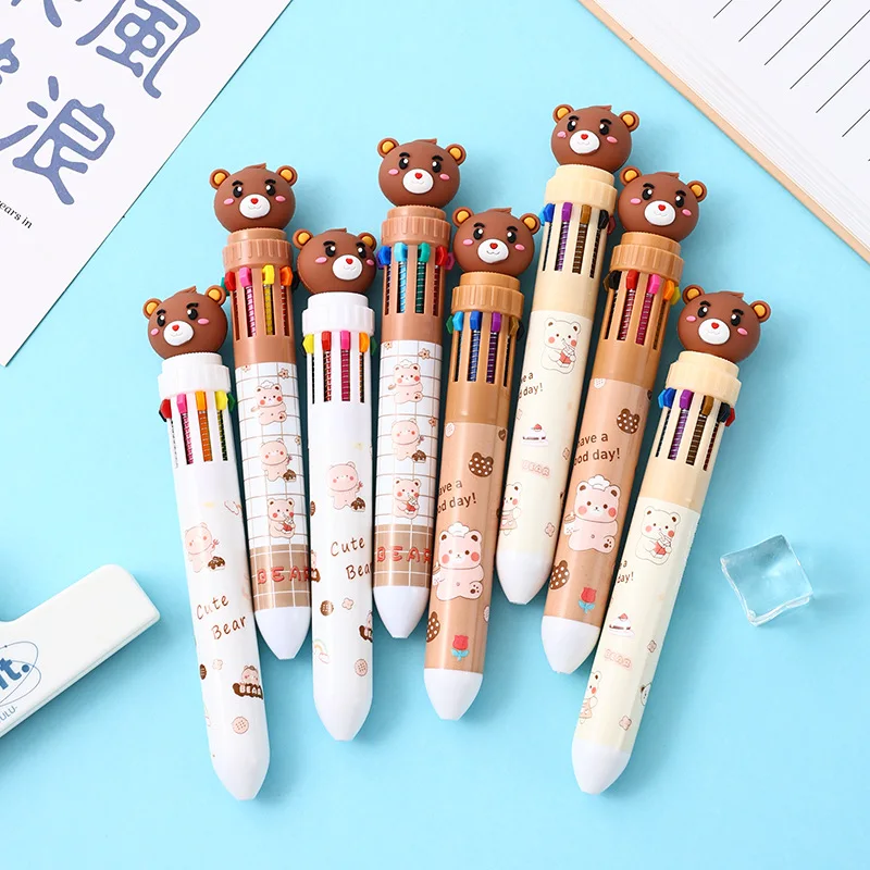 

10Pcs/Lot Cute Cartoon Bear 10 Colors Ballpoint Pen Kawaii Stationery Student Writing Tools Colorful Press Ten Color Bear Pens