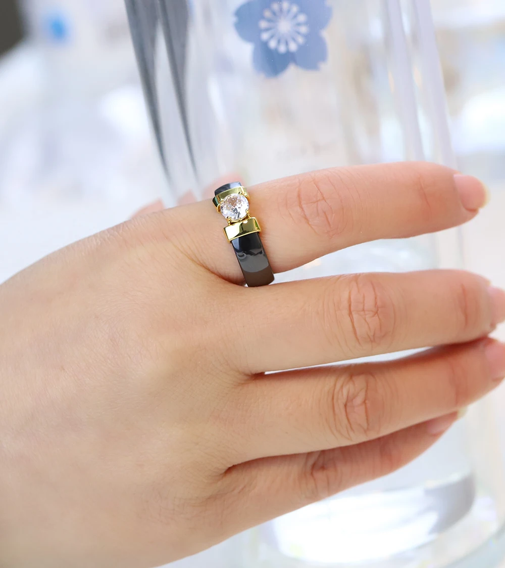 Jewelry Black&White Ceramic Wedding Ring Cubic Zircon Delicate Cabochon Smooth Engagement Rings For Women