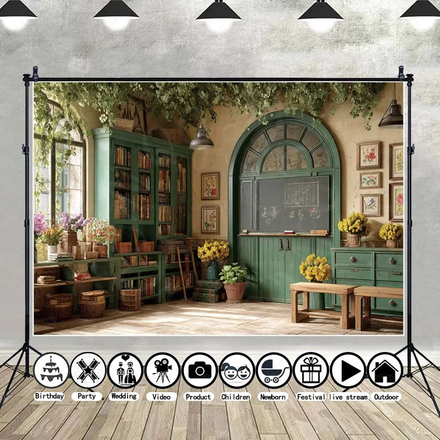MOON.QG خمر مكتبة خضراء صورة خلفية الفصول الدراسية على مدار الساعة أرفف الكتب الخلفيات للتصوير الفوتوغرافي الديكور خلفية الحفلات