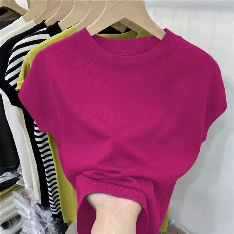 LOOSE O-Neck Ice Silk Knitted T-shirt Summer Thin Klein Blue Batwing Sleeve Top Women Oversized Short Sleeve Shirts for Women