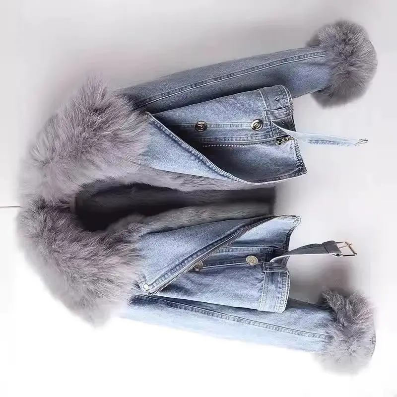 

New Detachable Faux Fox fur Rabbit fur inner lining Denim Coats Women's Short Tops Warm Jacket Parkas Outwear 2025 Autumn Winter