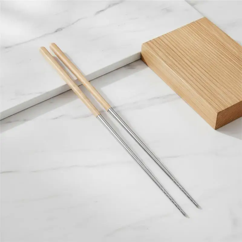 1 Pair Non Slip 304 Stainless Steel Chopsticks With Wooden Handles Extended Length Suitable For Home Restaurant And Hot Pot