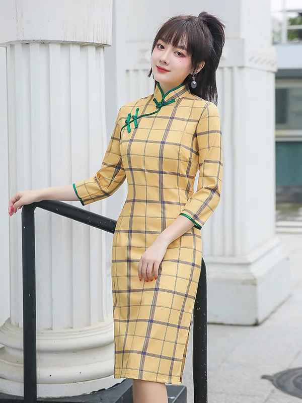 Checkered Cheongsam Girl Elegant Cheongsam Chinese Cheongsam Skirt Art Fresh Student Qipao Daily Fashion Short Cheongsam Dress