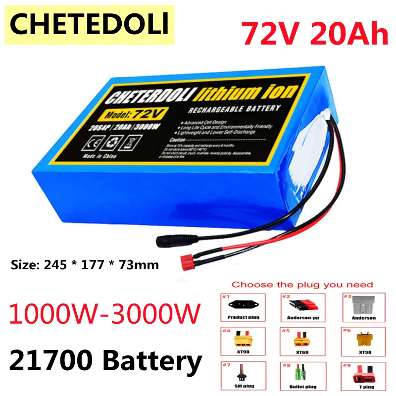 

New 72V 20Ah 21700 Lithium Battery Pack 20S4P 84V Electric Bicycle Scooter Motorcycle BMS 3000W High Power Battery + 3A Charger