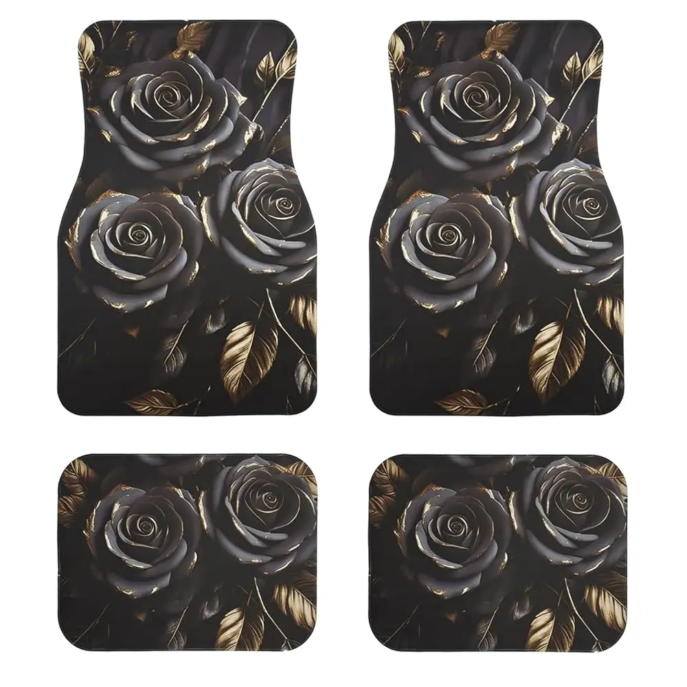 

Universal Fit Car Floor Mats-Tech Cloth with Elegant Patterns, Gilded Black Roses,Anti-Slip Rubber Bottom, Front (26.8x17.3in