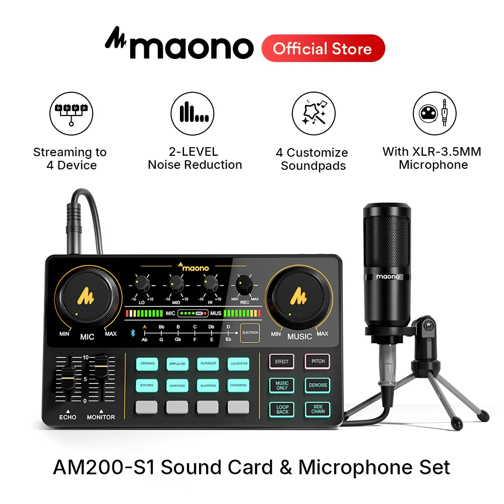 maono AM200-S1 Sound Card Microphone Set MaonoCaster Audio Interface with Condenser Mic for Live Streaming Recording PC Phone