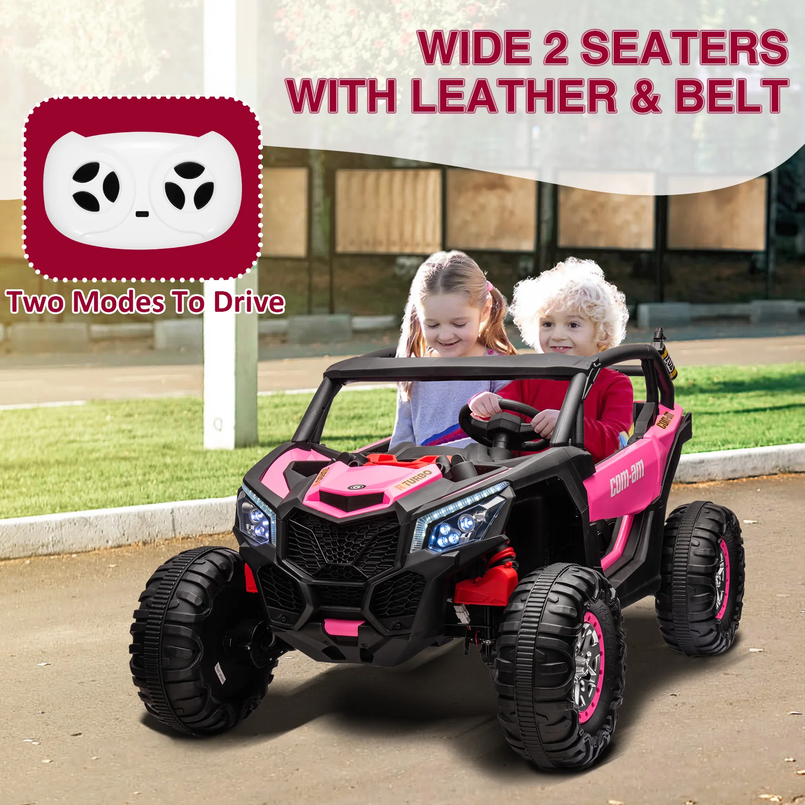 24V 2-Seater UTV 4WD Ride On Toys with Remote Control Powerful Electric Vehicle 4 Shock Absorbers, Leather Seats Music and Light